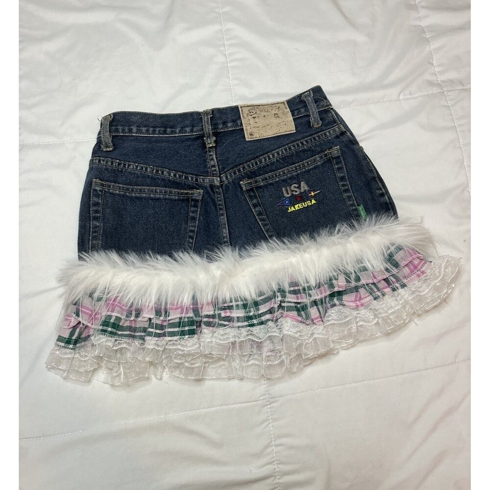Handmade Y2K Denim Mini Skirt Fur Trim Lace Plaid XS/S Womens Pink White Green
